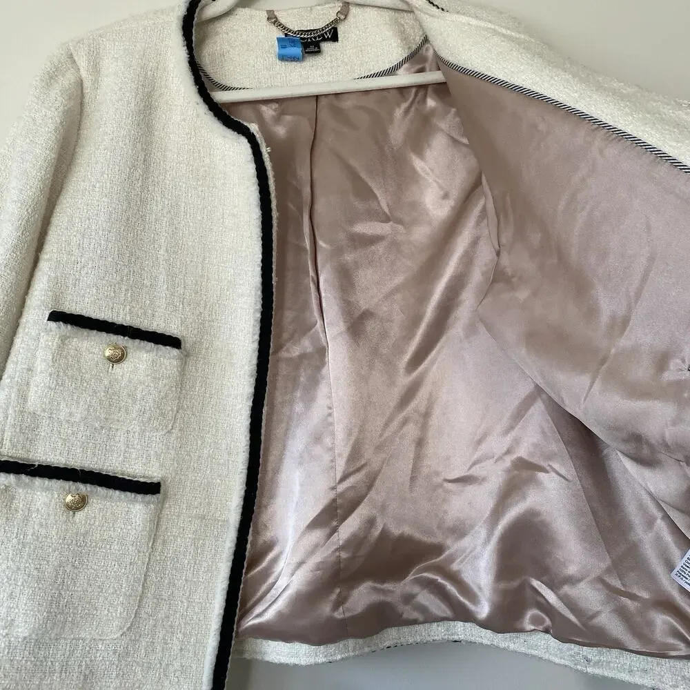 J. Crew Frances Lady Jacket in Ivory Tweed with Black Trim Gold Buttons SZ 22